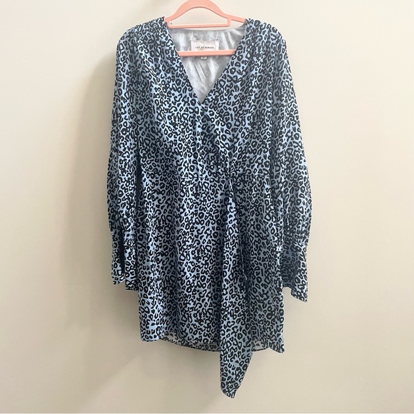 Les Reveries Silk Long Sleeve Mini Wrap Dress in Blue Leopard - Picture 10 of 14
